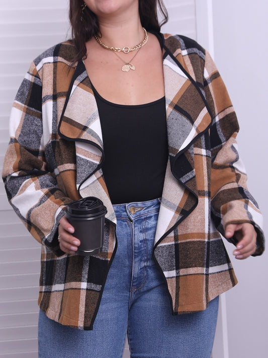 Antmvs Plus Size Casual Coat, Women's Plus Plaid Print Long Sleeve Waterfall Neck Coat