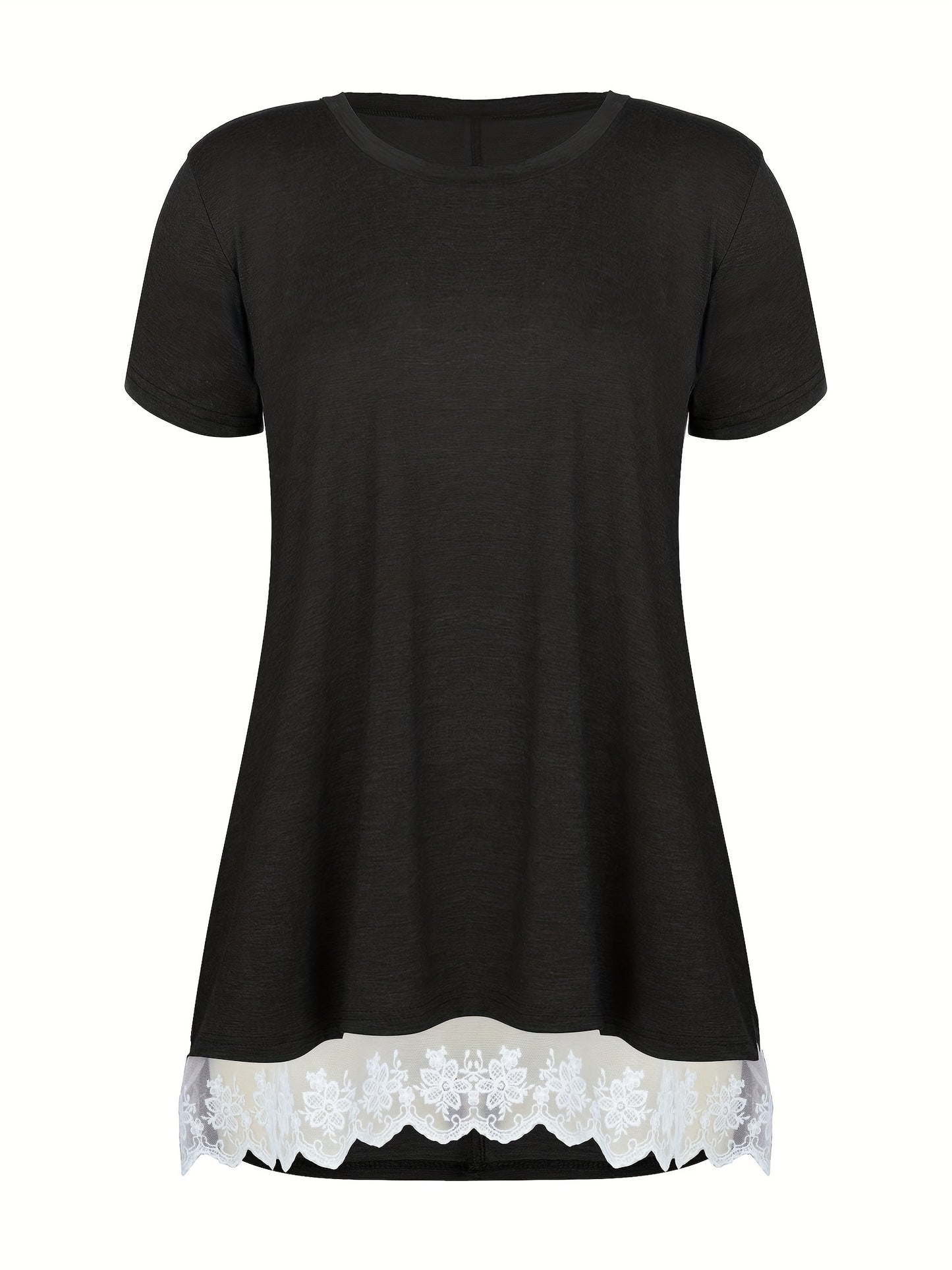 Antmvs Plus Size Casual T-shirt, Women's Plus Contrast Lace Short Sleeve Round Neck T-shirt