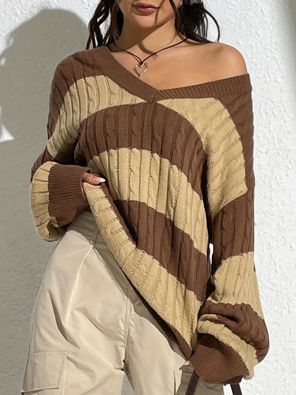 Antmvs Color Block V Neck Cable Knit Sweater, Casual Long Sleeve Drop Shoulder Sweater, Women's Clothing