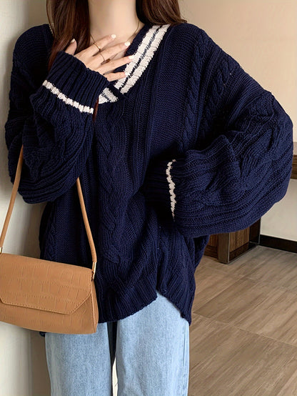 Antmvs Cable Knit V Neck Pullover Sweater, Casual Long Sleeve Oversized Sweater, Women's Clothing