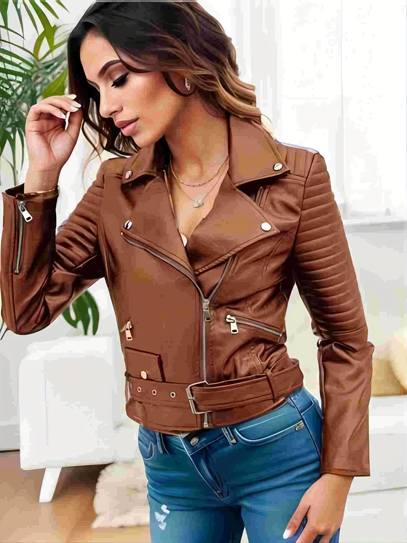 Antmvs Solid Leather Biker Jacket, Streetwear Long Sleeve Zipper Outerwear, Women's Clothing
