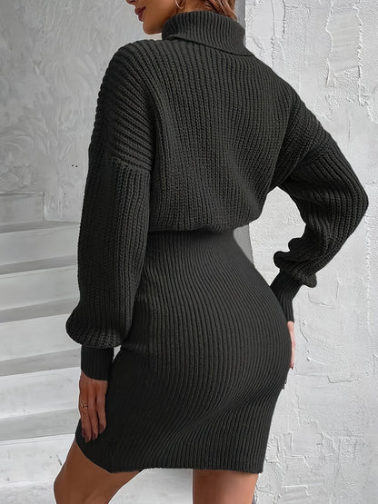 Antmvs Turtleneck Sweater Dress, Casual Solid Long Sleeve Bodycon Dress, Women's Clothing