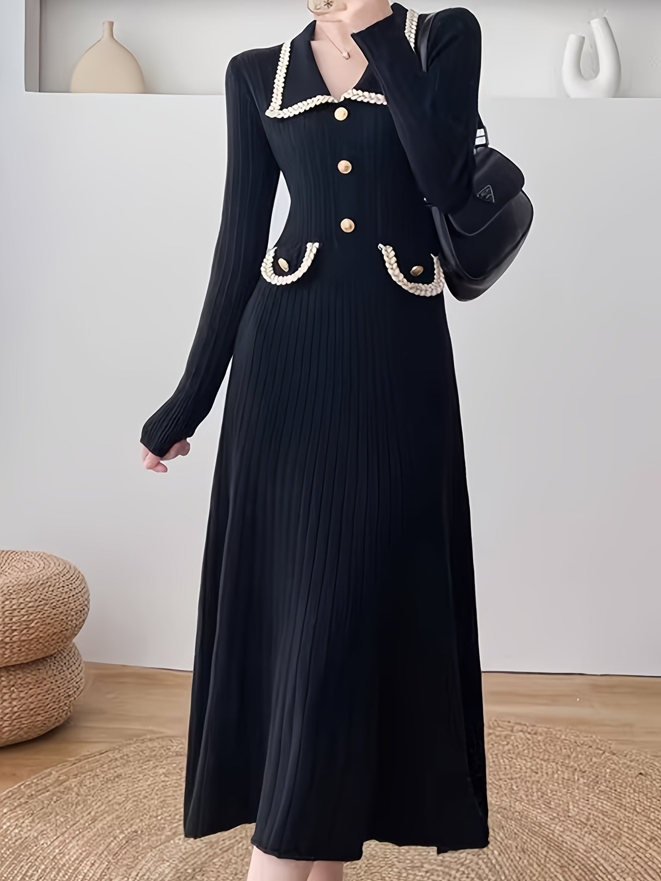 Antmvs Button Front High Waist Dress, Elegant Long Sleeve Midi Dress, Women's Clothing