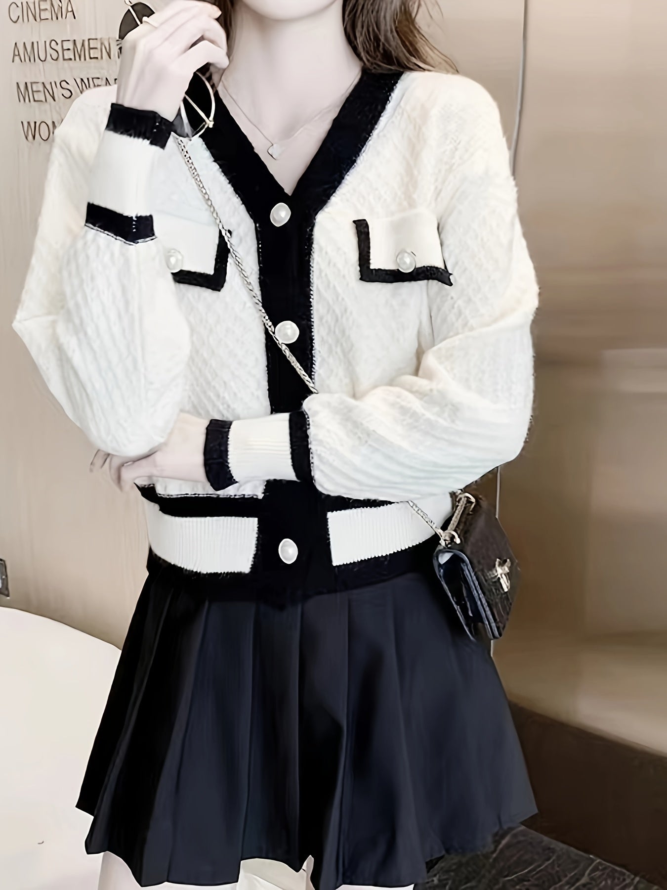 Antmvs Contrast Trim Single Breasted Cardigan, Elegant Long Sleeve Cardigan For Spring & Fall, Women's Clothing