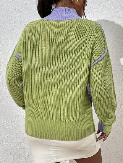Antmvs Color Block Knit Sweater, Casual High Neck Long Sleeve Sweater, Women's Clothing