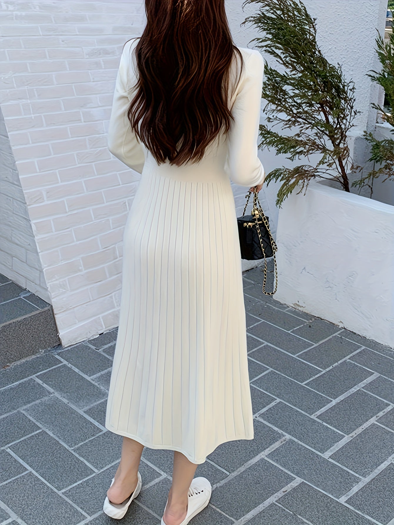 Antmvs Button Front V-neck Sweater Dress, Solid Long Sleeve Dress, Women's Clothing