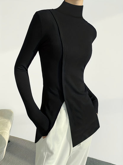 Antmvs Solid Split Hem Mock Neck Top, Elegant Long Sleeve T-Shirt For Spring & Fall, Women's Clothing