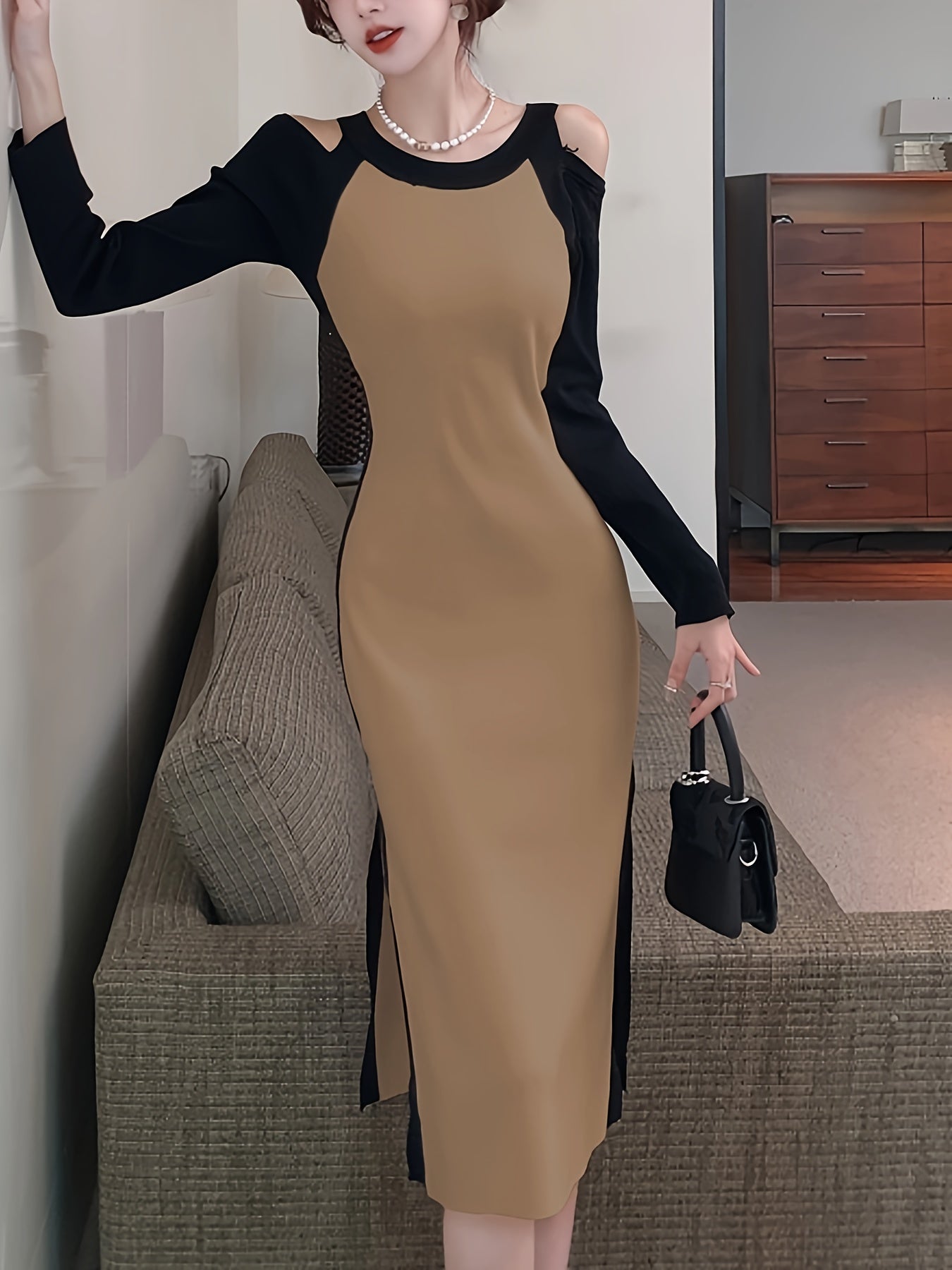 Antmvs Color Block Cold Shoulder Dress, Elegant Split Crew Neck Long Sleeve Dress, Women's Clothing