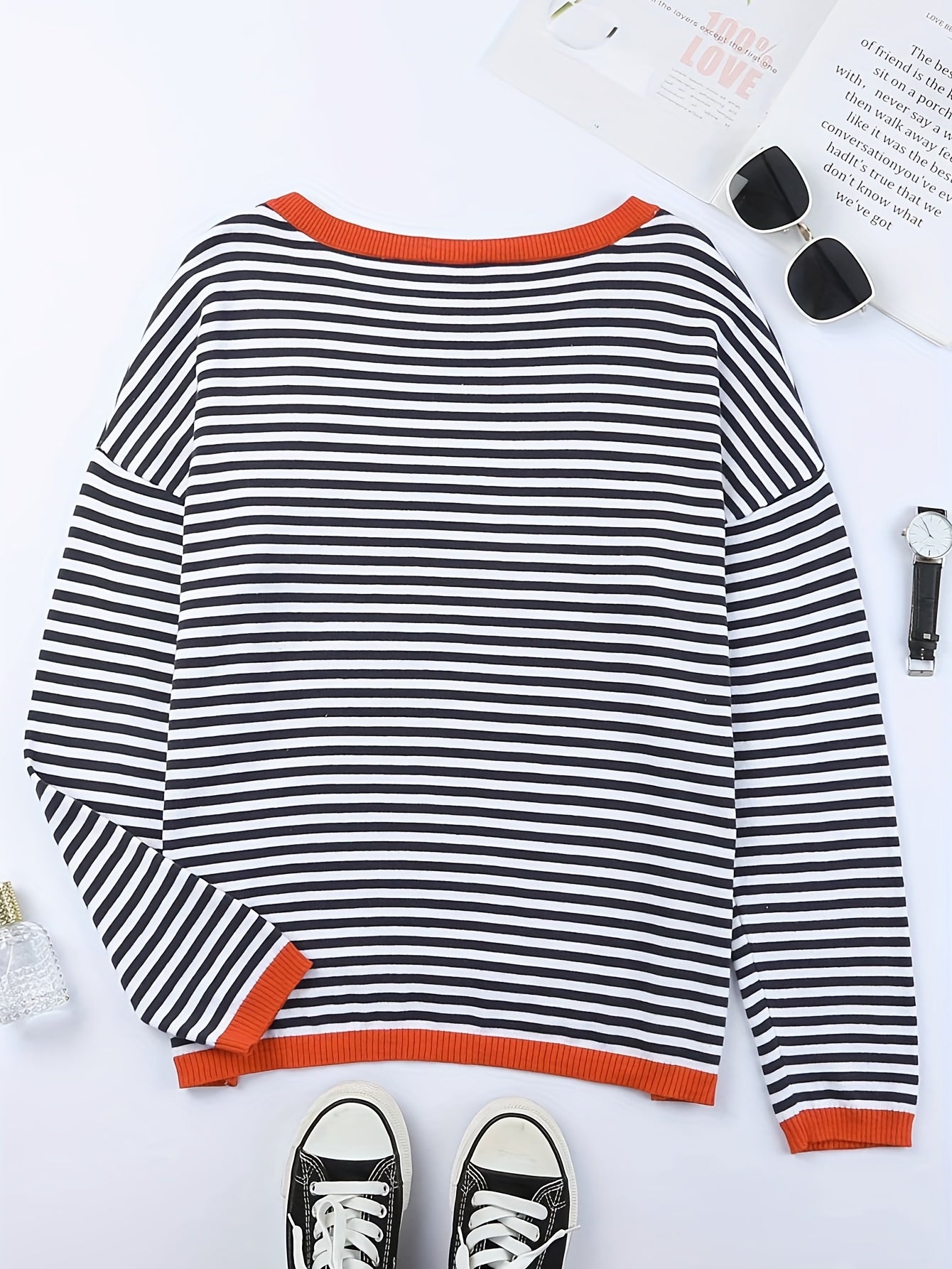 Antmvs Striped Print Crew Neck Knit Sweater, Casual Long Sleeve Versatile Sweater, Women's Clothing
