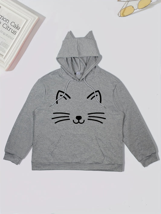 Antmvs Plus Size Casual Sweatshirt, Women's Plus Cartoon Cat Print Long Sleeve Cat Hooded Drawstring Sweatshirt With Kangaroo Pockets