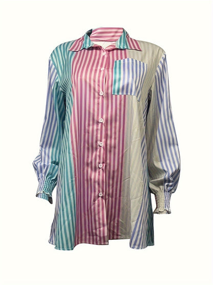 Antmvs Colorblock Stripe Print Collared Blouse, Casual Long Sleeve Blouse For Spring & Fall, Women's Clothing
