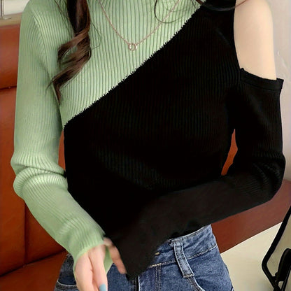 Antmvs Color Block Pullover Sweater, Casual Cold Shoulder Mock Neck Long Sleeve Top, Women's Clothing