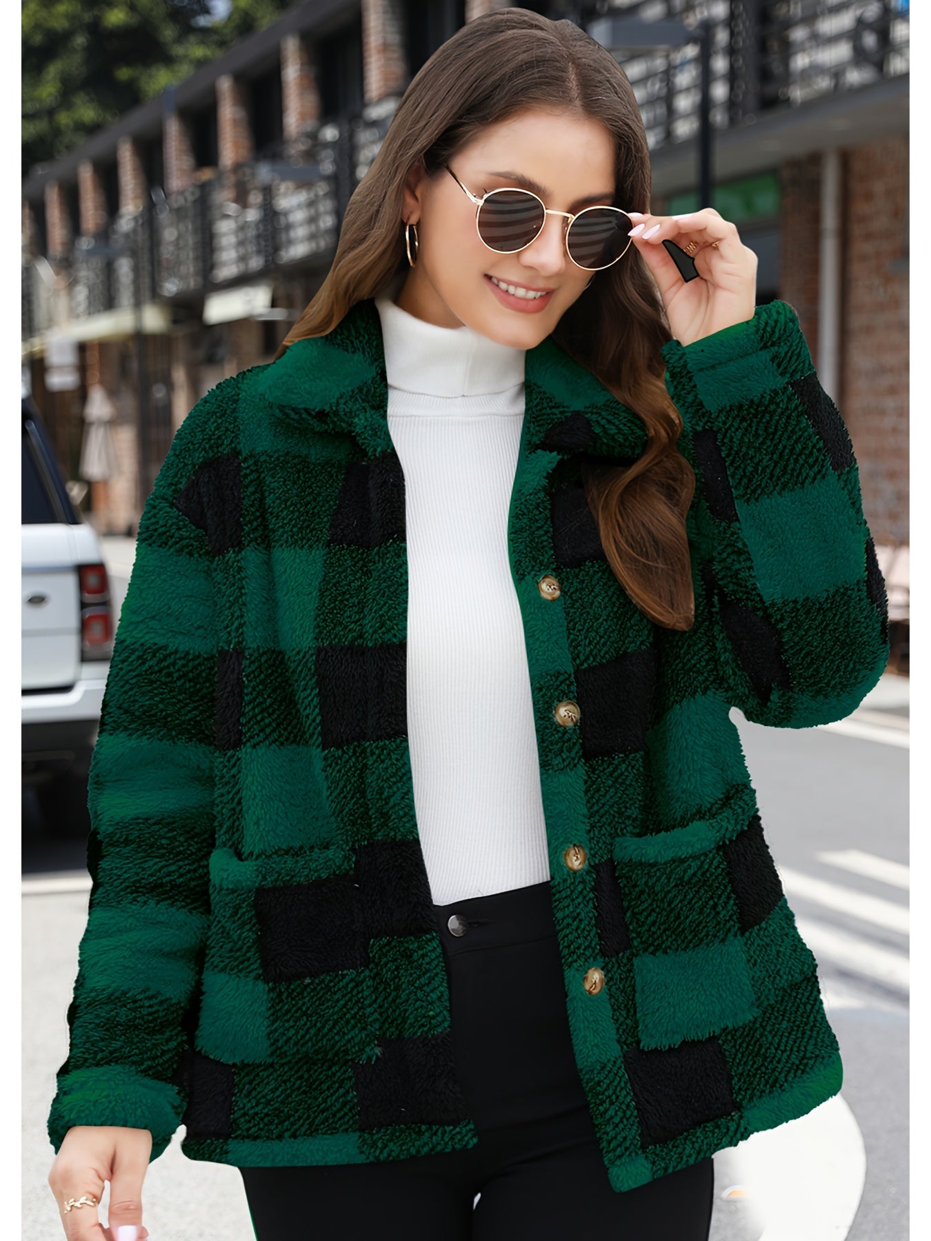 Antmvs Plaid Print Patched Pockets Teddy Coat, Versatile Long Sleeve Single Breasted Winter Outwear, Women's Clothing