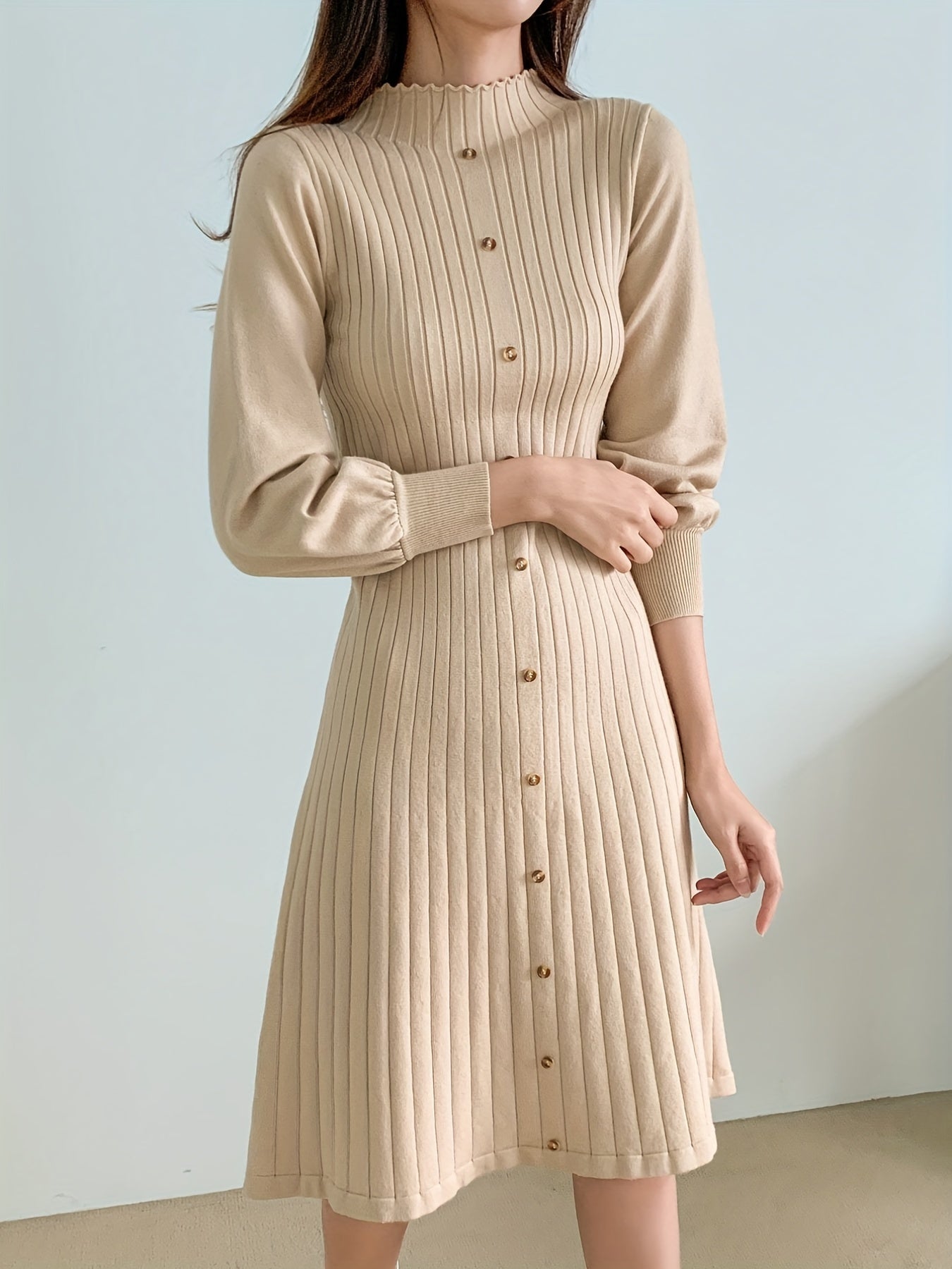 Antmvs Solid Ribbed Dress, Elegant Button Front Long Sleeve Dress, Women's Clothing