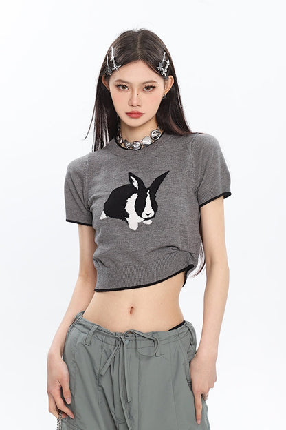 Antmvs Siri Cute Bunny Embroidery Slim Spice Short Sleeve Knitted Cropped Top