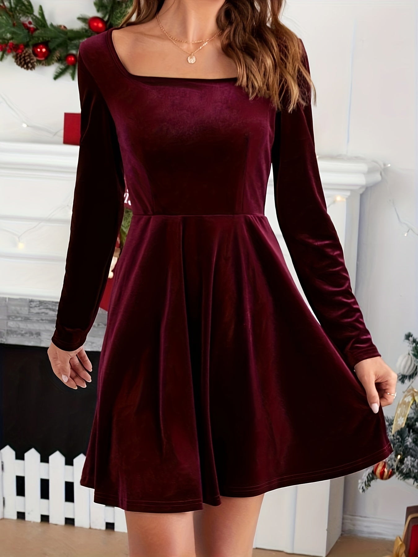 Antmvs Solid Squared Neck Mini Dress, Elegant Long Sleeve Party Dress, Women's Clothing