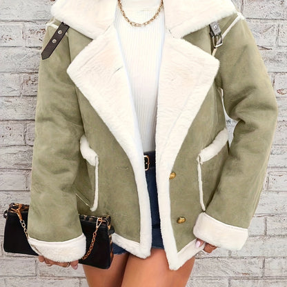 Antmvs Lapel Plush Jacket, Winter Warm Casual Outwear, Women's Clothing