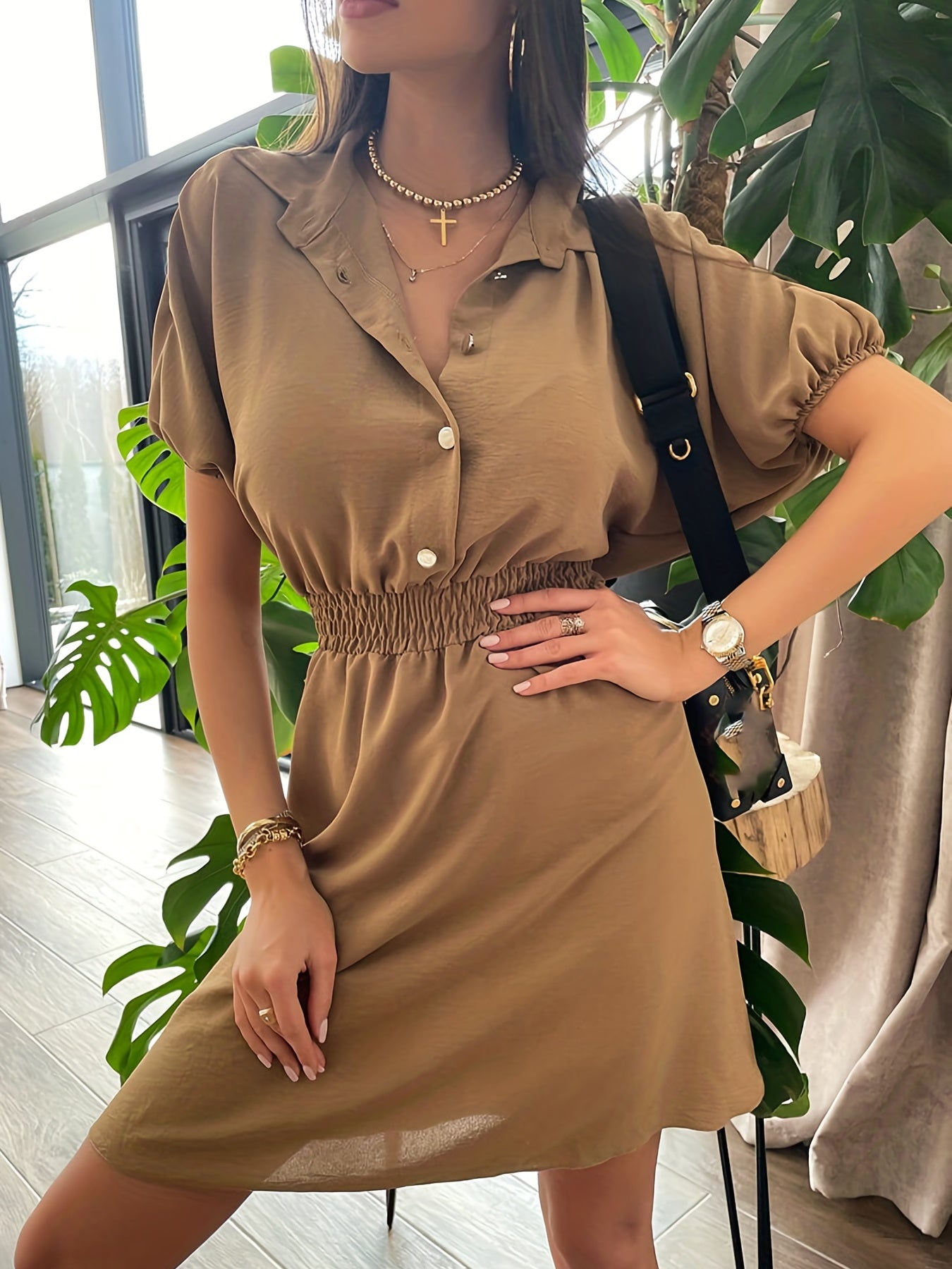 Antmvs Solid Smocked Waist Dress, Casual Button Front Turn Down Collar Short Sleeve Dress, Women's Clothing