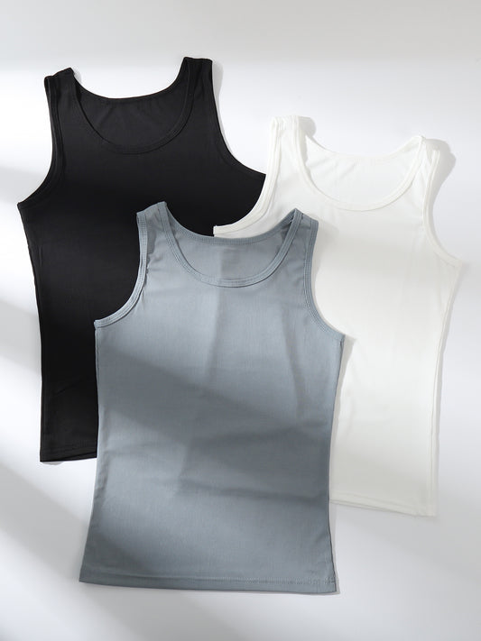 Antmvs 3pcs Solid Ribbed Tank Tops, Crew Neck Sleeveless Top, Women's Lingerie & Underwear