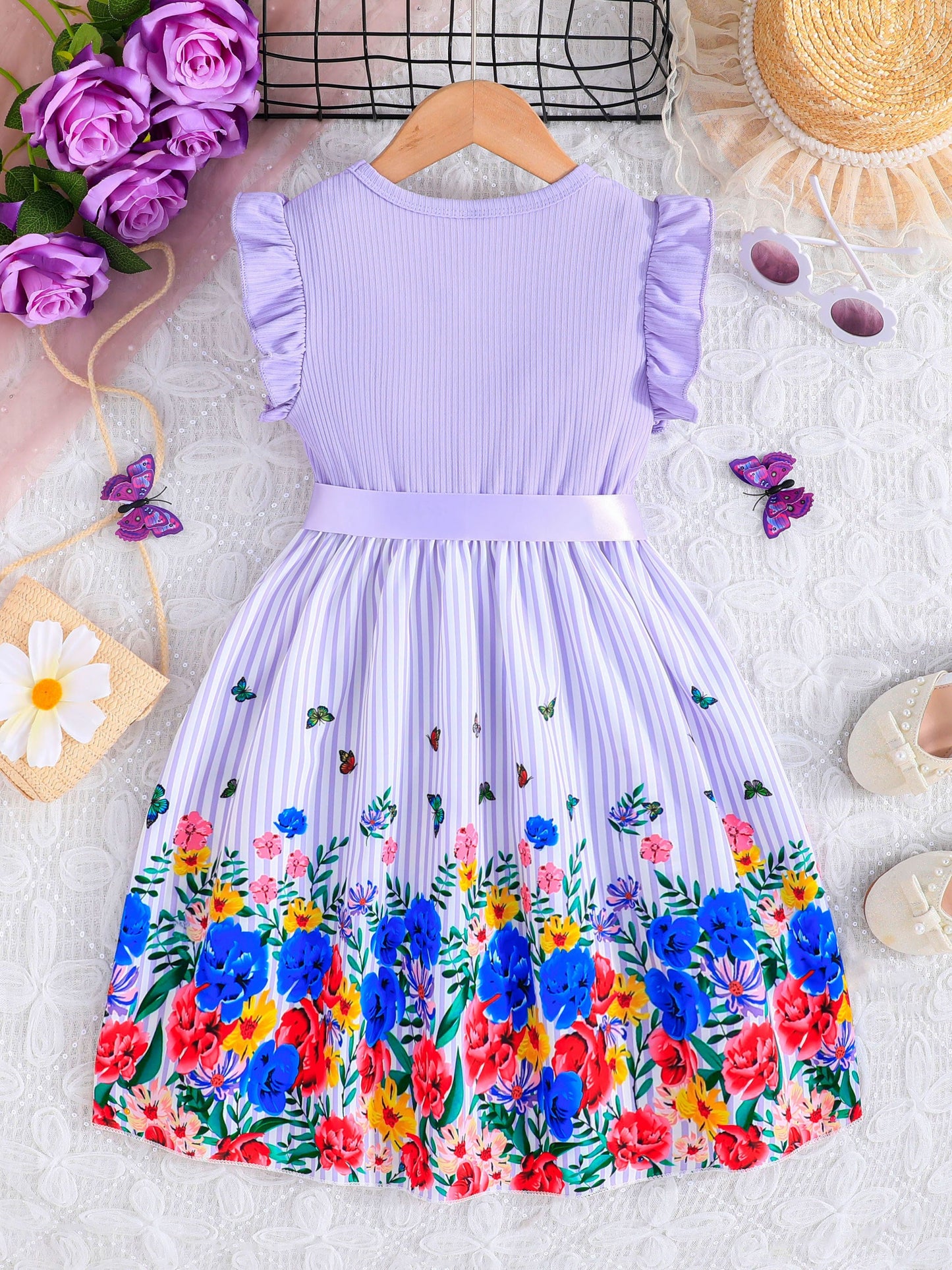 Adorable Girls Floral Butterfly Graphic Dress with Playful Ruffles - Comfortable Straps for Summer Holidays & Parties - Perfect Gift Idea