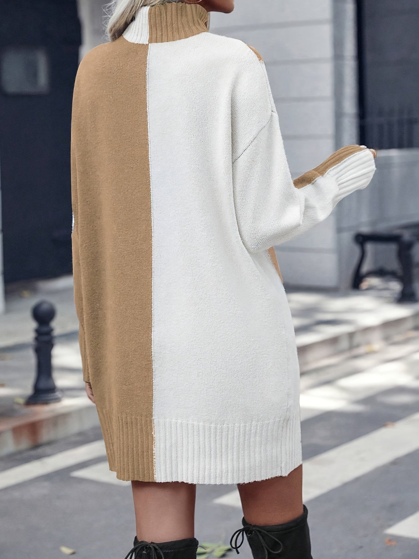 Antmvs Color Block Turtleneck Dress, Elegant Long Sleeve Sweater Dress, Women's Clothing