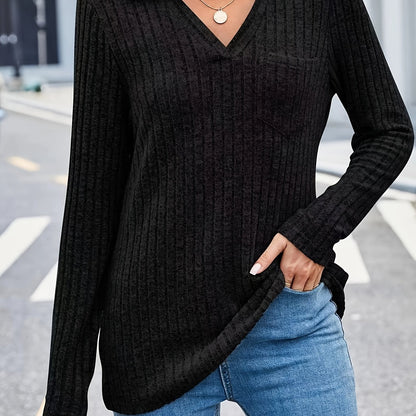 Antmvs Ribbed Pocket V Neck T-Shirt, Casual Long Sleeve Top For Spring & Fall, Women's Clothing