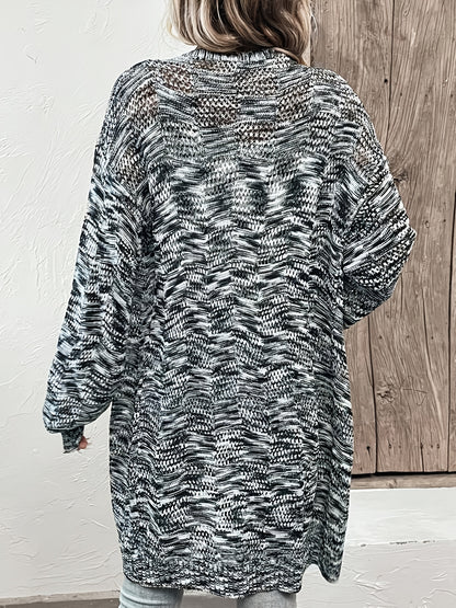 Antmvs Abstract Print Knit Cardigan, Casual Open Front Long Sleeve Sweater, Women's Clothing