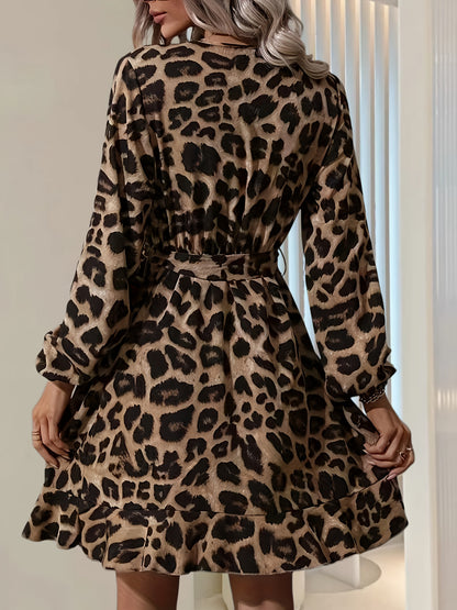 Antmvs Leopard Print V-neck Belted Dress, Elegant Lantern Sleeve Ruffle Hem Dress For Spring & Fall, Women's Clothing