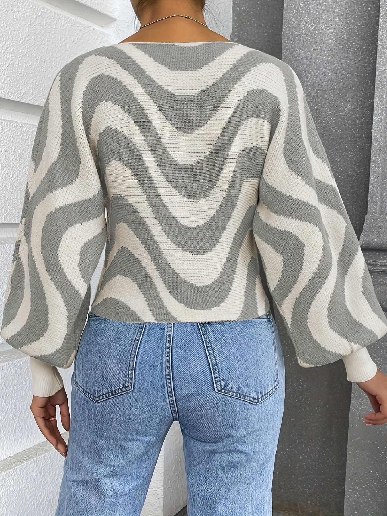 Antmvs Striped Boat Neck Pullover Sweater, Casual Lantern Sleeve Slim Sweater, Women's Clothing
