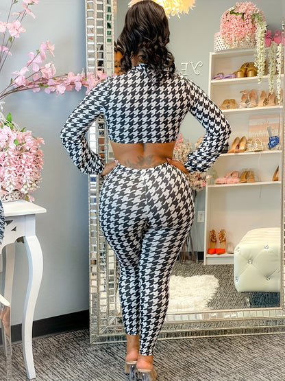 Antmvs Houndstooth Print Sexy Two-piece Set, Cropped Long Sleeve Tops & Skinny Pants Outfits, Women's Clothing