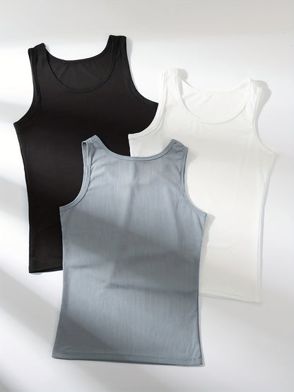 Antmvs 3pcs Solid Ribbed Tank Tops, Crew Neck Sleeveless Top, Women's Lingerie & Underwear