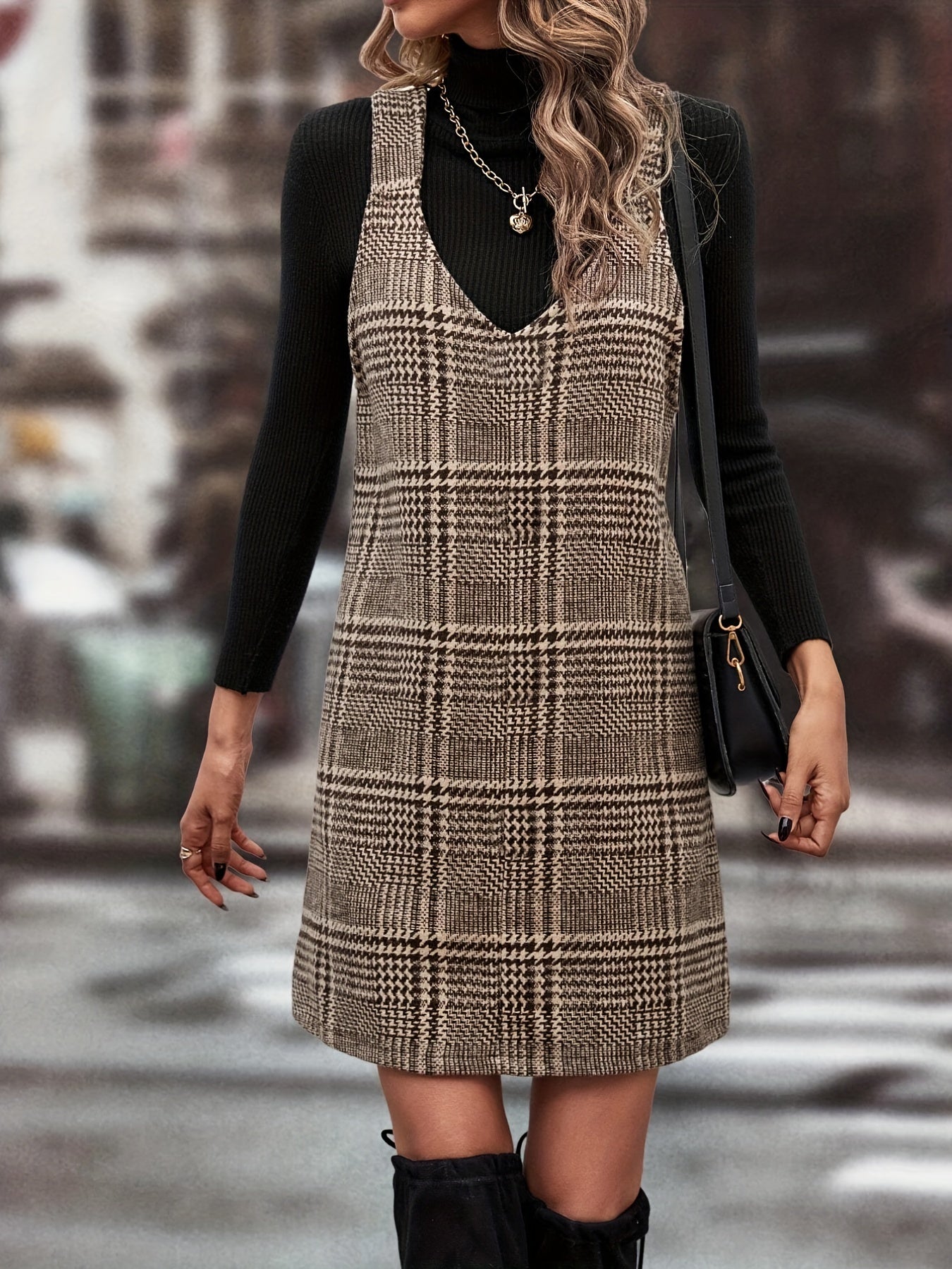 Antmvs Houndstooth Print Sleeveless Tank Dress, Stylish V Neck Dress For Fall & Winter, Women's Clothing