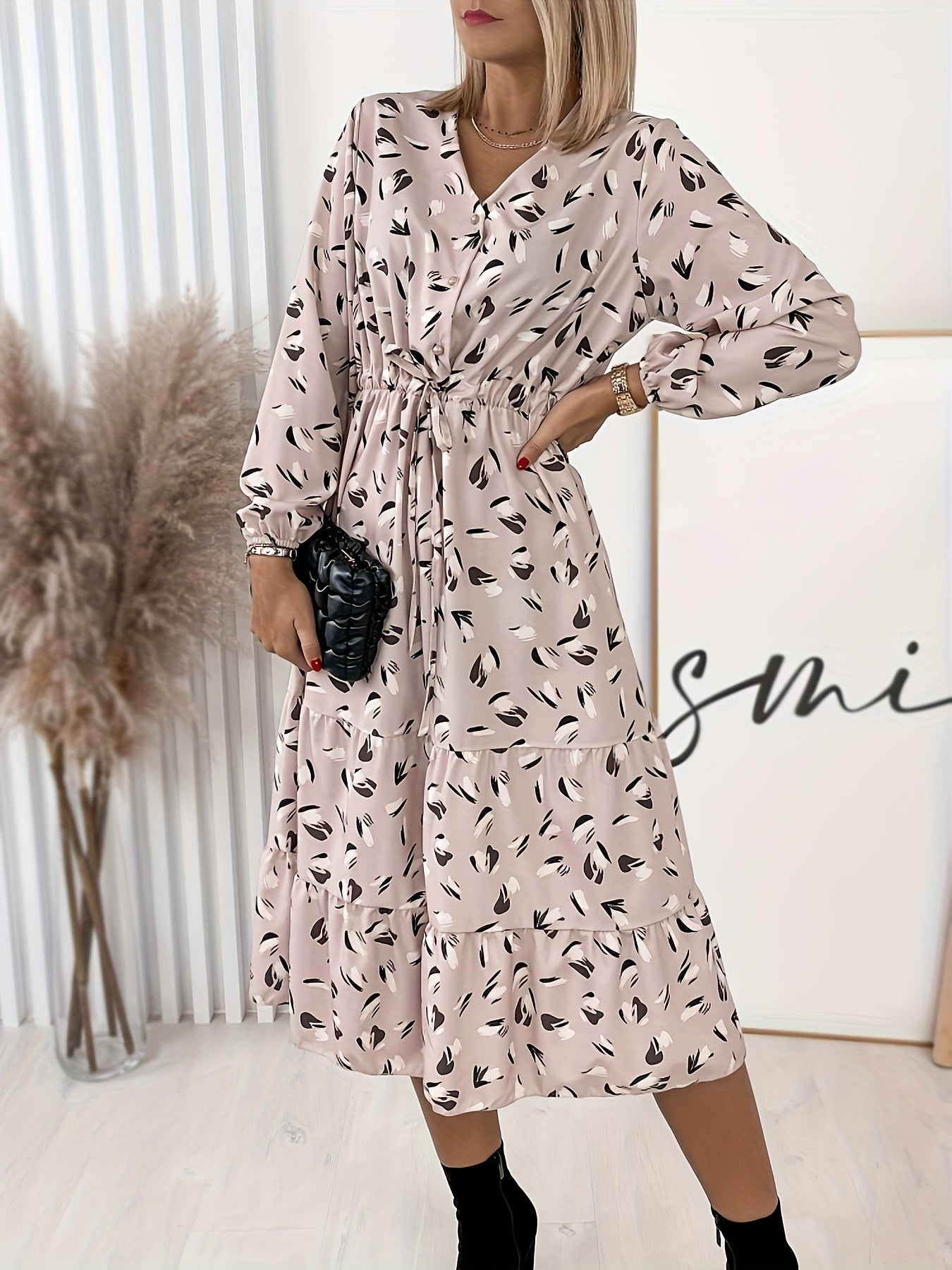 Antmvs Plus Size Casual Dress, Women's Plus Floral Print Long Sleeve V Neck Tie Front Nipped Waist Dress