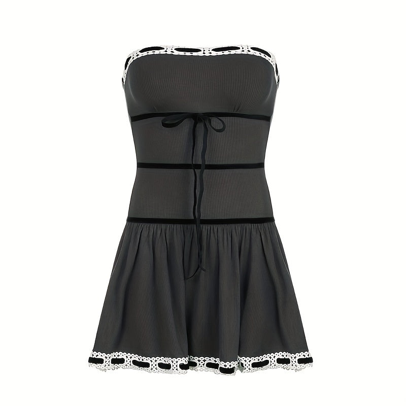 Antmvs Contrast Trim Knit Tube Dress, Y2K Fashion Tie Slim Fit Strapless Mini Dress For Fall & Winter, Women's Clothing