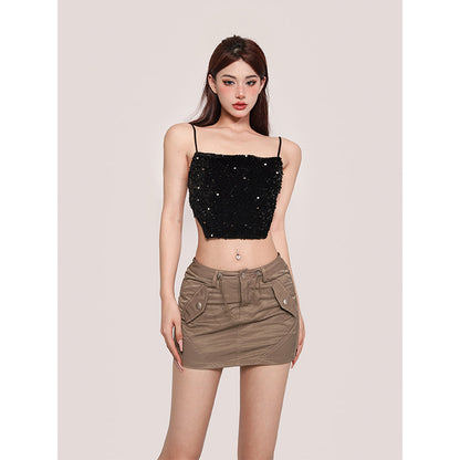 Antmvs Xia Solid Color Sequin Spaghetti Strap Irregular Camisole Top