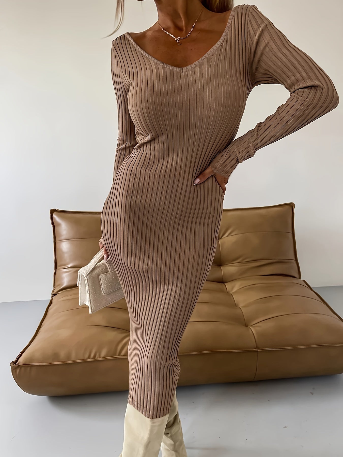 Antmvs Ribbed Solid Bodycon Dress, Elegant V Neck Long Sleeve Dress, Women's Clothing