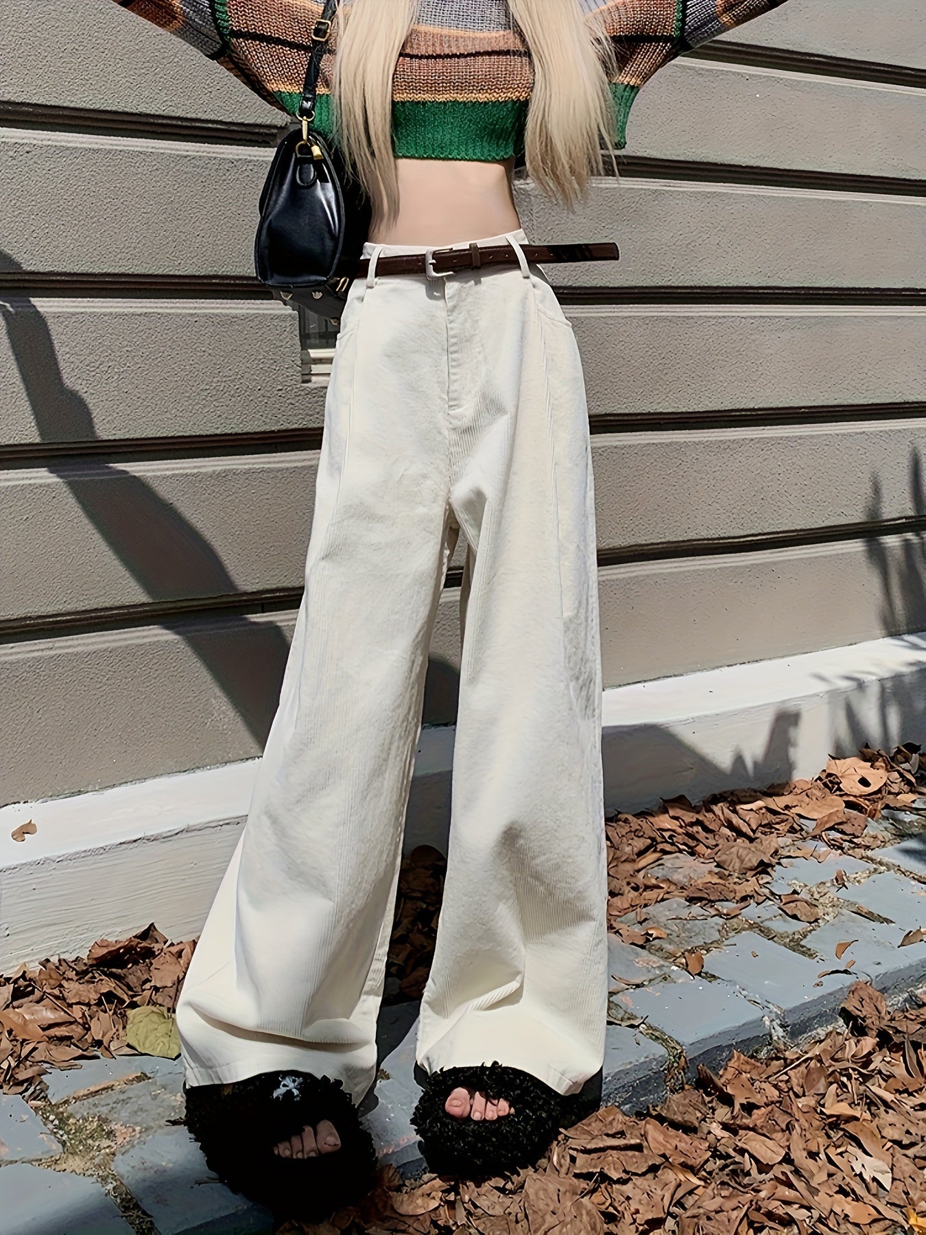 Antmvs Solid Button Front Wide Leg Pants, Casual Loose Pants For Fall & Winter, Women's Clothing