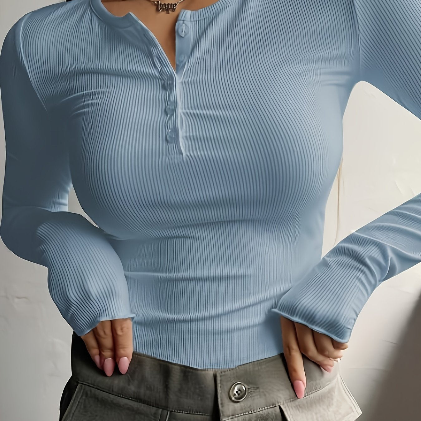 Antmvs Ribbed Button Front T-Shirt, Casual Long Sleeve Top For Spring & Fall, Women's Clothing