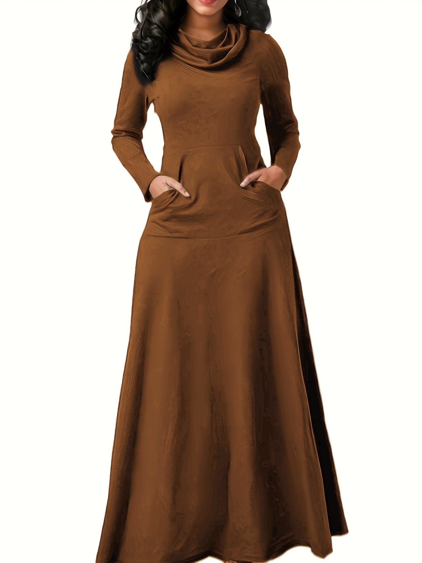 Antmvs Pile Collar Solid Maxi Dress, Elegant Long Sleeve Kangaroo Pocket Dress, Women's Clothing