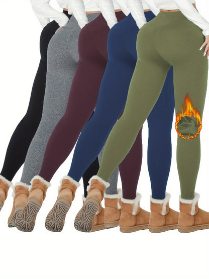 5pcs Women's Thermal Plush Lined High Waisted Leggings - Soft, Warm, and Comfortable Yoga Pants for Winter Workout and Daily Wear