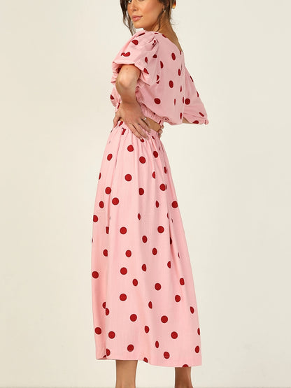 Antmvs Valentine's Day Sexy Pink Polka Dot Dresses Two-piece Set, Crew Neck Short Sleeve Tops & Long Skirt Set, Women's Clothing