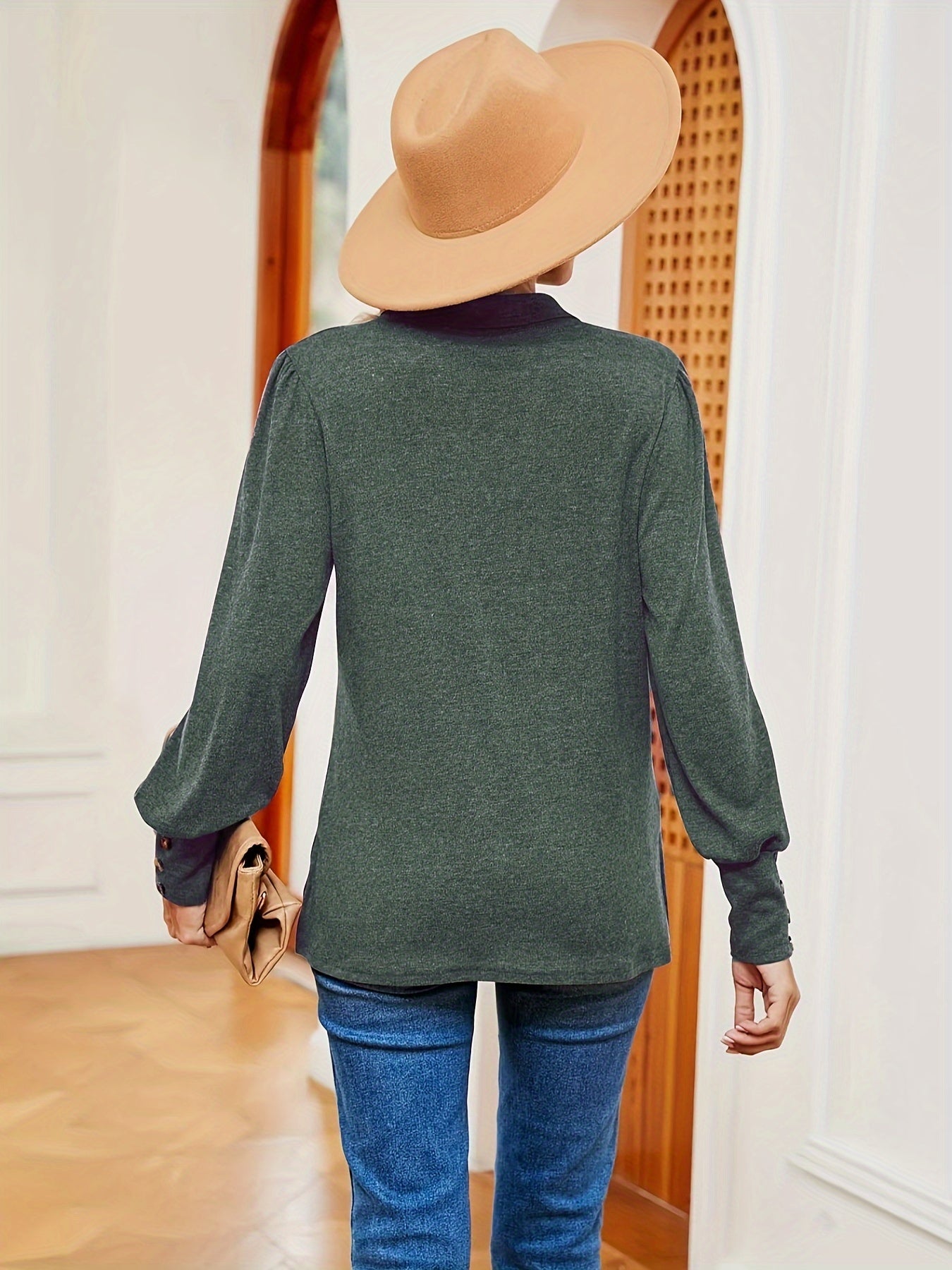 Antmvs Solid Polo Collar T-Shirt, Casual Long Sleeve Top For Spring & Fall, Women's Clothing