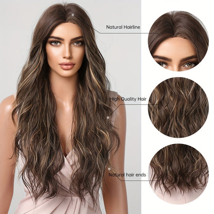 Long Curly Wavy Heat Resistant Synthetic Wigs for Women - Elegant Middle Part Buckle Net Cap Style - Soft, Natural-Looking Hair Replacement for a Glamorous You