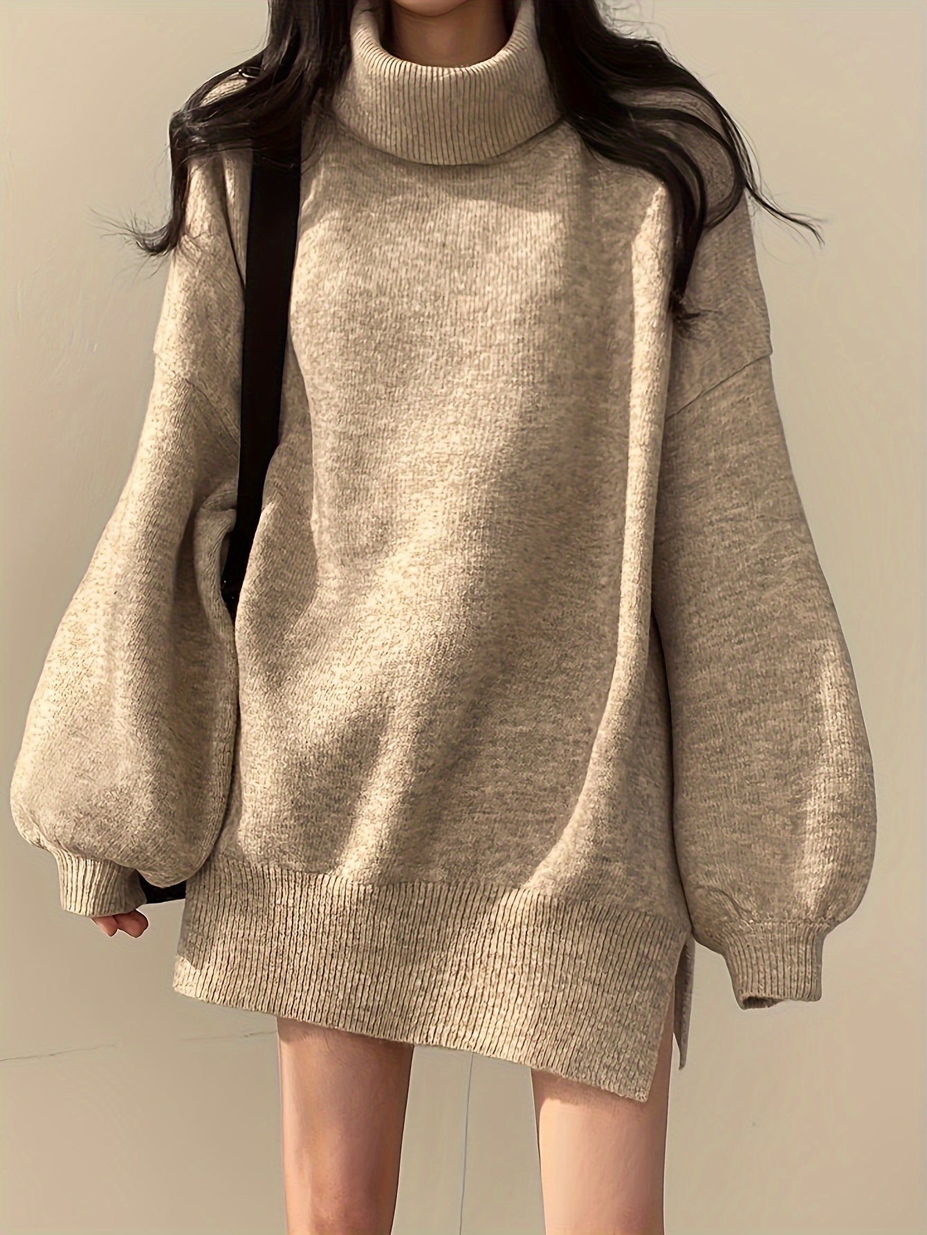 Antmvs Solid Turtle Neck Oversized Sweater, Casual Long Sleeve Split Sweater, Women's Clothing