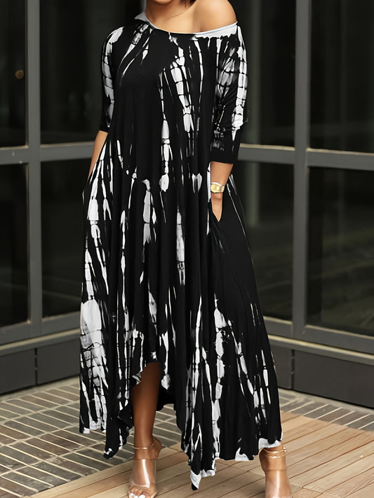 Antmvs Plus Size Tie Dye Long Sleeve Round Neck Maxi Dress, Women's Plus Slight Stretch Casual Long Dress