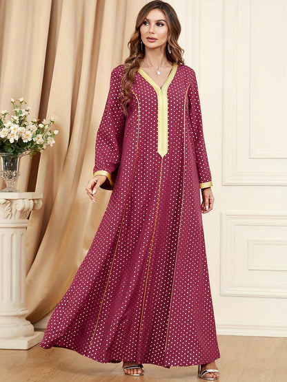 Antmvs Pin Dot Maxi Kaftan Dress, Elegant V Neck Long Sleeve Dress, Women's Clothing