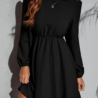 Antmvs Cinched Waist Solid Dress, Elegant Crew Neck Long Sleeve Dress, Women's Clothing