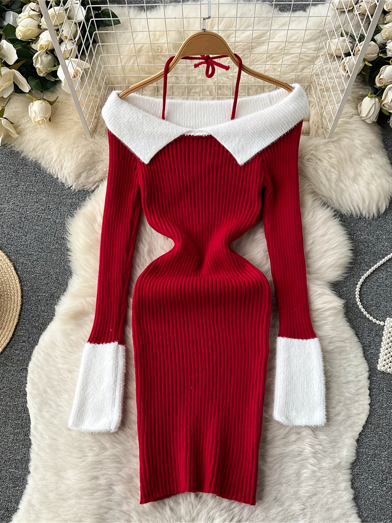 Antmvs Contrast Trim Halter Neck Dress, Elegant Sweater Bodycon Dress For Spring & Fall, Women's Clothing