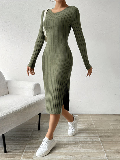 Antmvs Ribbed Solid Split Dress, Casual Crew Neck Long Sleeve Dress, Women's Clothing