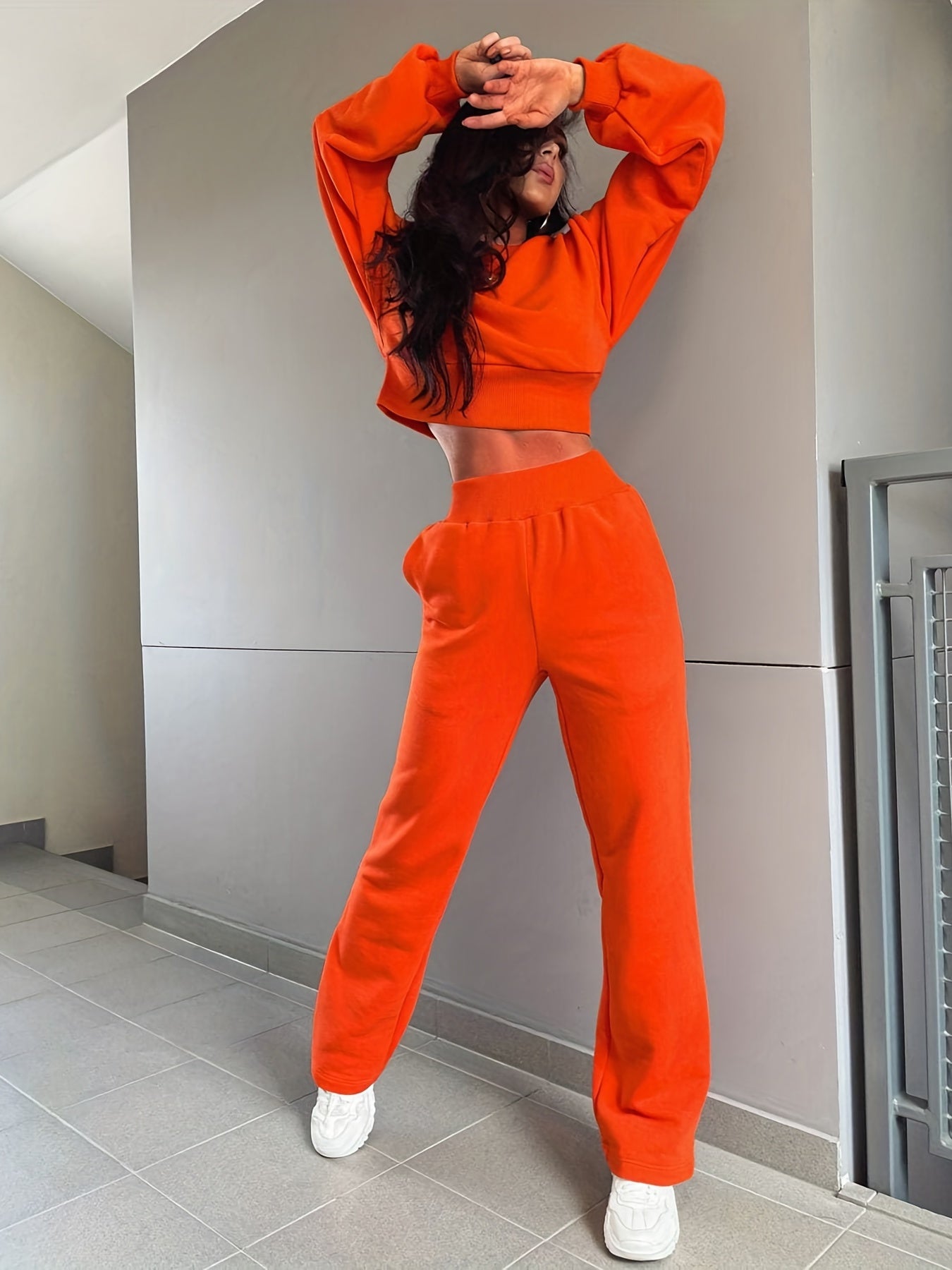 Antmvs Casual Solid Two-piece Set, Crew Neck Long Sleeve Sweatshirt & Straight Leg Pants Outfits, Women's Clothing